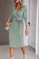 BEAUTIFUL I AM Surplice Neck Tied Ribbed Dress