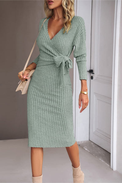 BEAUTIFUL I AM Surplice Neck Tied Ribbed Dress