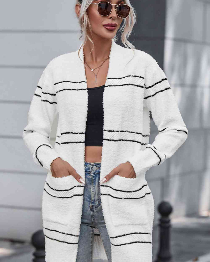 BEAUTIFUL I AM Striped Open Front Cardigan with Pockets