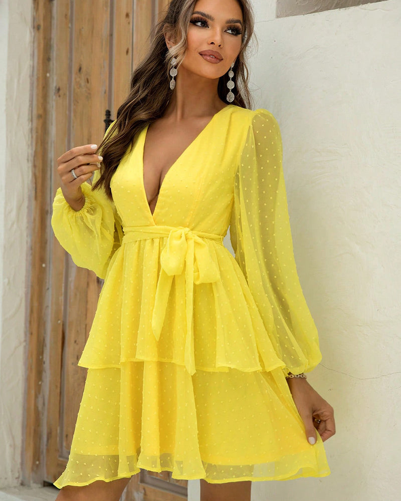 BEAUTIFUL I AM Tie Waist Balloon Sleeve Layered Dress