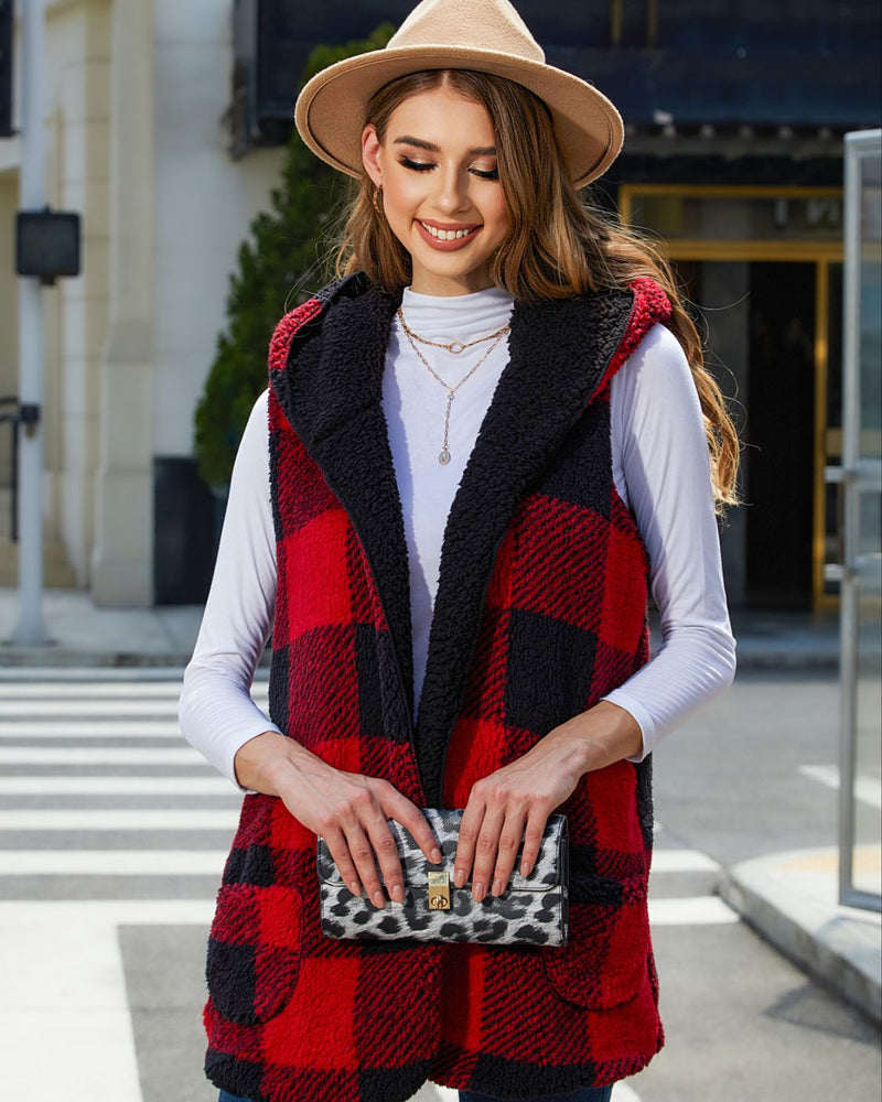 BEAUTIFUL I AM Plaid Hooded Vest Jacket