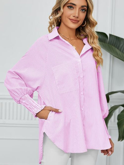 BEAUTIFUL I AM Striped Button Up Smocked Long Sleeve Shirt