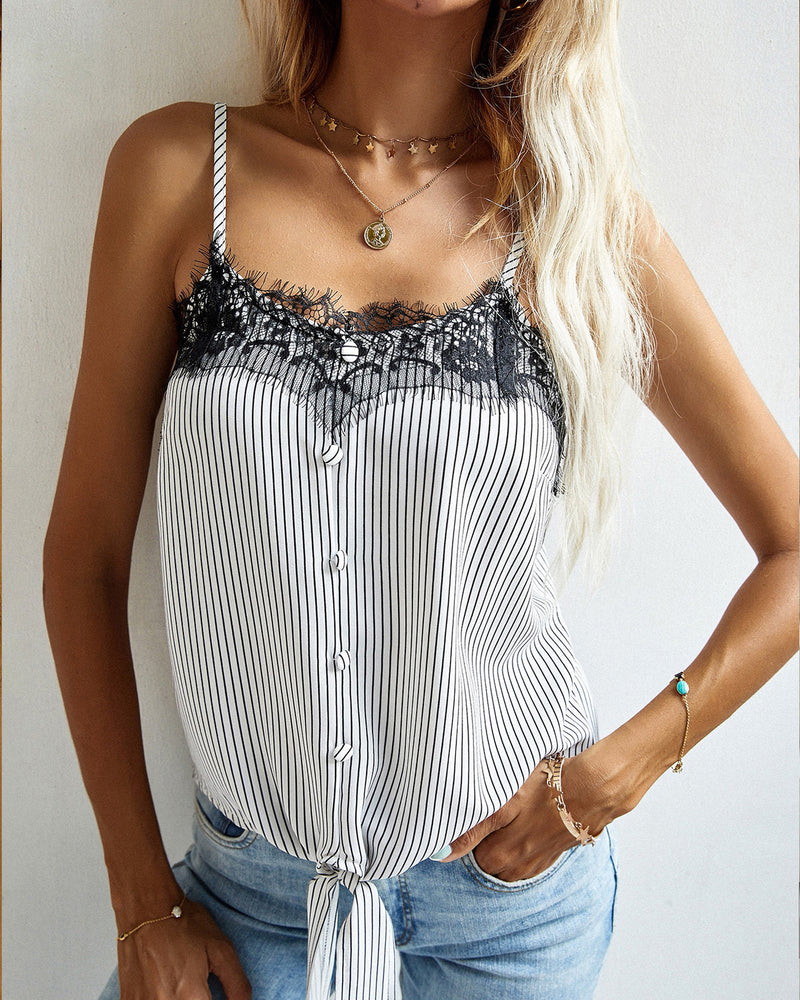 BEAUTIFUL I AM Sweetheart Neck Lace Detail Tie Front Striped Cami Shirt