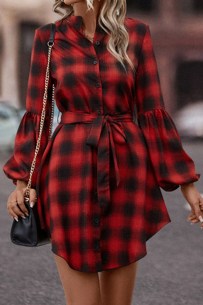 BEAUTIFUL I AM Plaid Tie Waist Balloon Sleeve Mini Dress