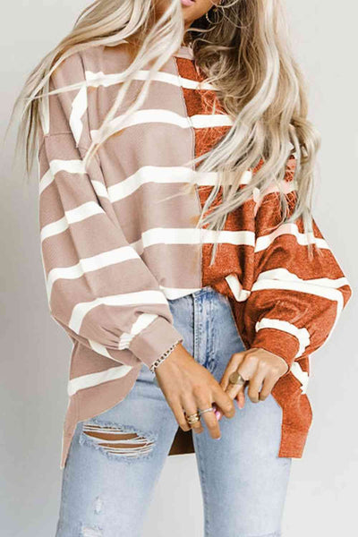 BEAUTIFUL I AM Striped Dropped Shoulder Round Neck Blouse Shirt