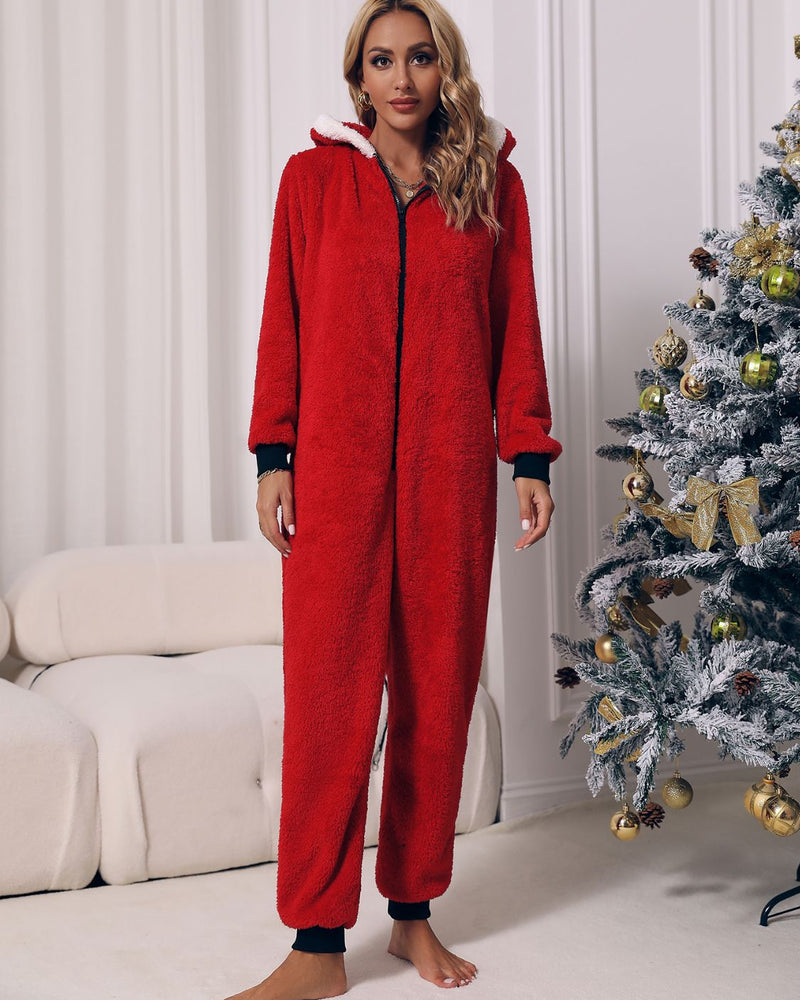 BEAUTIFUL I AM Zip Front Long Sleeve Hooded Teddy Lounge Sleep Wear Jumpsuit