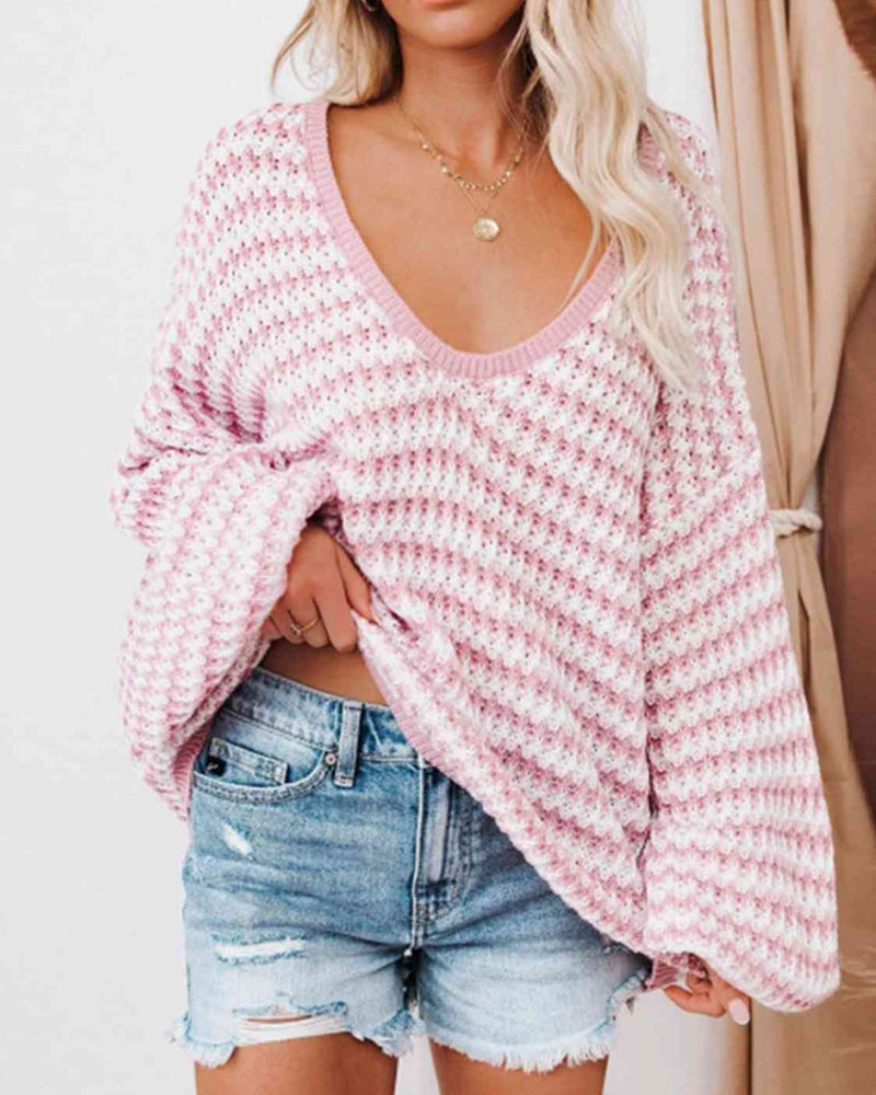 BEAUTIFUL I AM Striped Drop Shoulder V-Neck Sweater