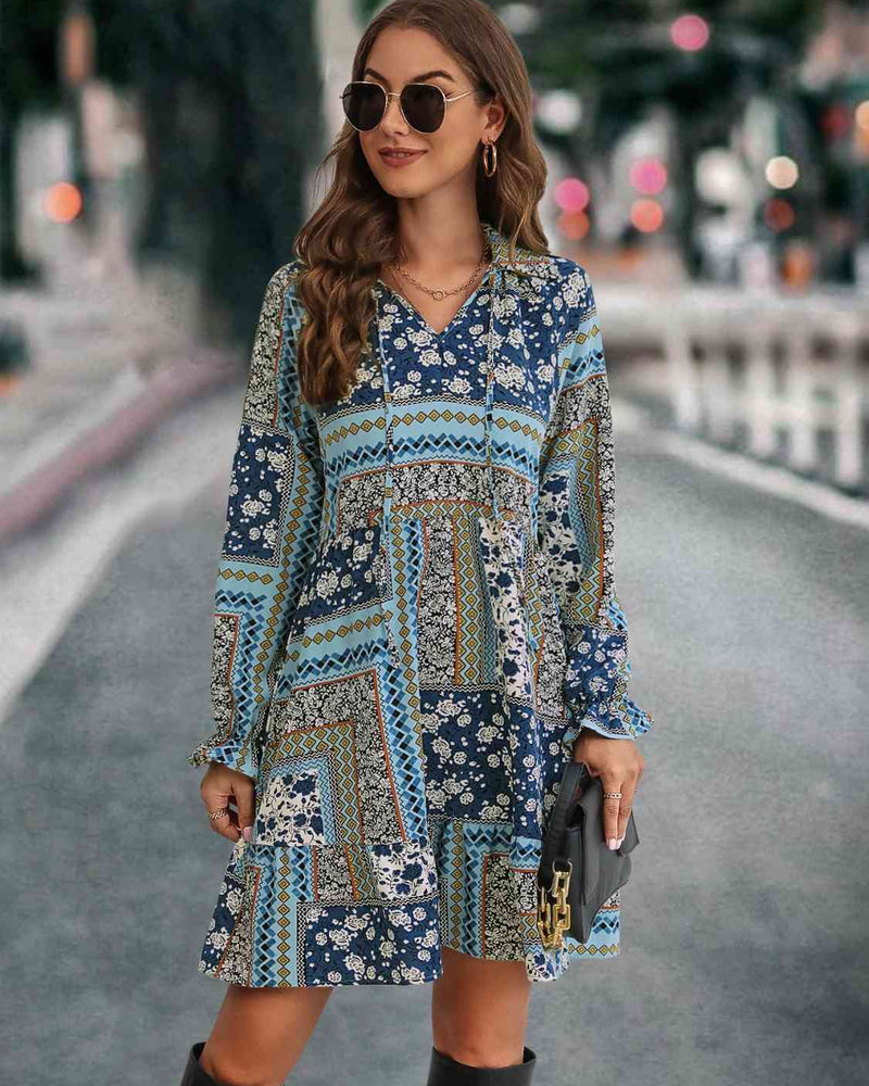 BEAUTIFUL I AM Printed Tie Front Flounce Sleeve Dress