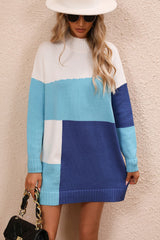BEAUTIFUL I AM Color Block Mock Neck Dropped Shoulder Sweater Dress