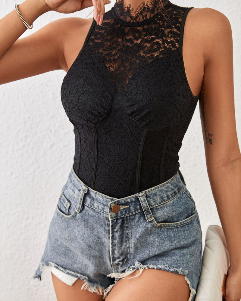BEAUTIFUL I AM Mock Neck Sleeveless Lace Lingerie Bodysuit