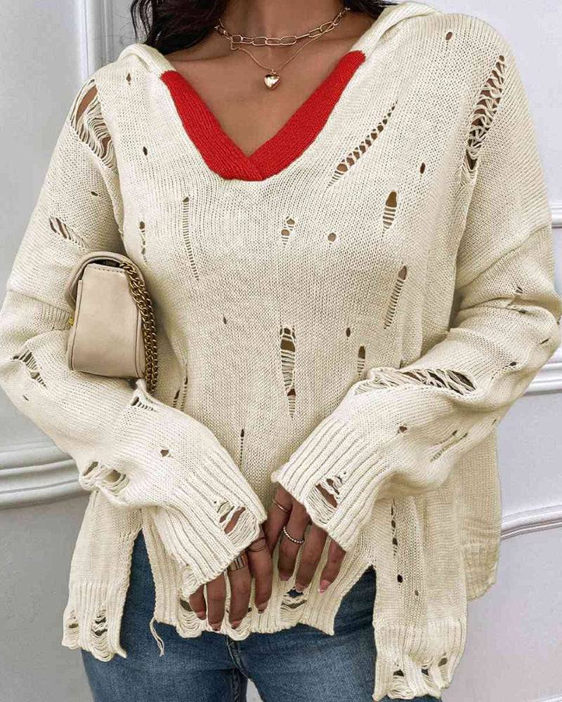 BEAUTIFUL I AM Distressed Slit Drop Shoulder Hooded Sweater