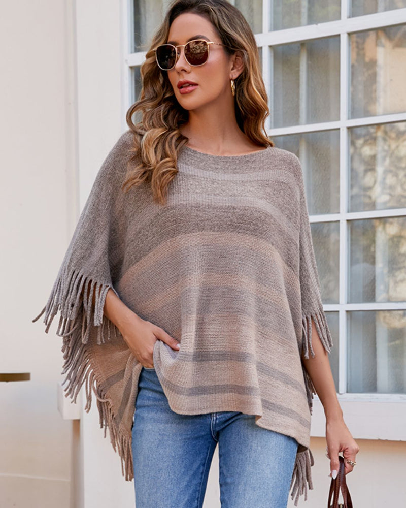 BEAUTIFUL I AM Striped Boat Neck Poncho with Fringes