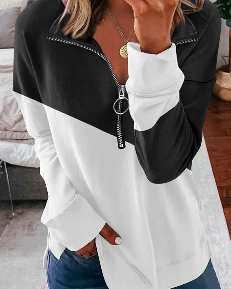 BEAUTIFUL I AM Contrast Zip-Up Collared Neck Dropped Shoulder Blouse Shirt