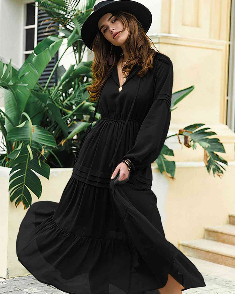 BEAUTIFUL I AM Tie Neck Long Sleeve Midi Tiered Dress