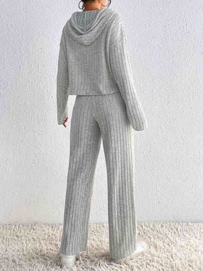 BEAUTIFUL I AM Drawstring Ribbed Hoodie and Straight Leg Pants Set