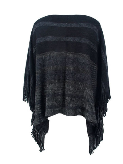 BEAUTIFUL I AM Striped Boat Neck Poncho with Fringes