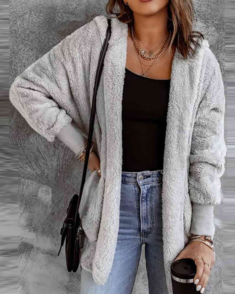 BEAUTIFUL I AM Open Front Hooded Faux Fur Outwear Jacket with Pockets