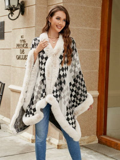 BEAUTIFUL I AM Checkered Faux Fur Trim Poncho