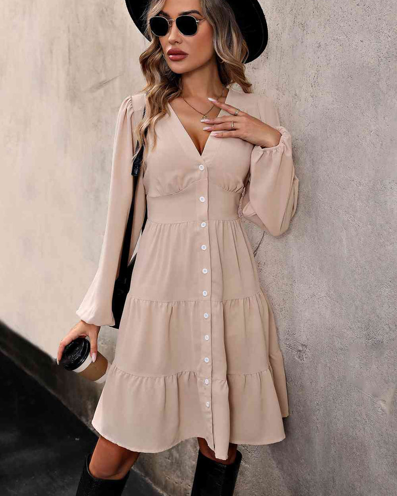 BEAUTIFUL I AM V Neck Button Up Tiered Dress