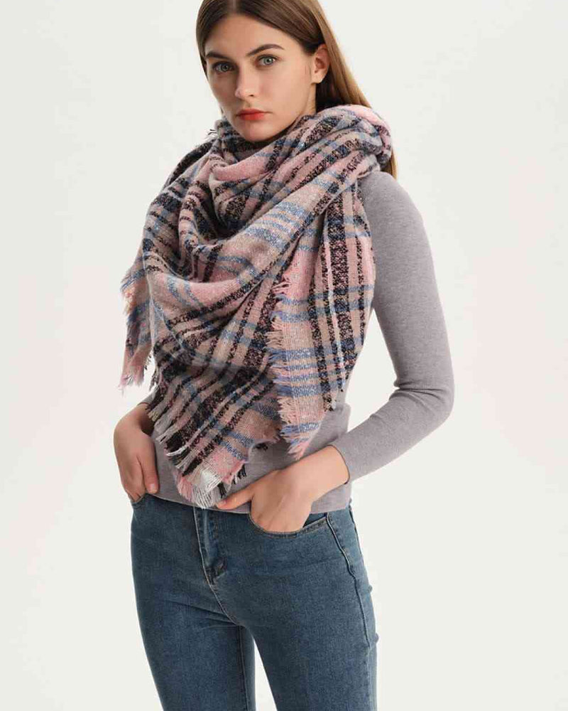 BEAUTIFUL I AM Plaid Raw Hem Polyester Scarf