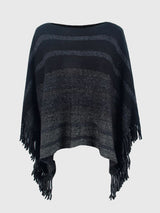 BEAUTIFUL I AM Striped Boat Neck Poncho with Fringes