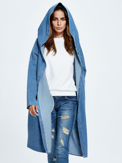 BEAUTIFUL I AM Button Up Dropped Shoulder Hooded Denim Top