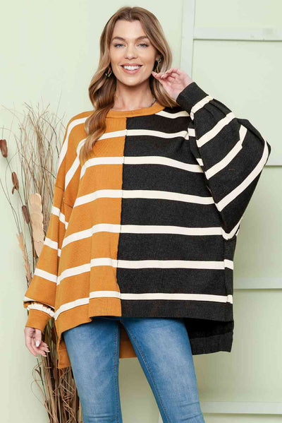 BEAUTIFUL I AM Striped Dropped Shoulder Round Neck Blouse Shirt