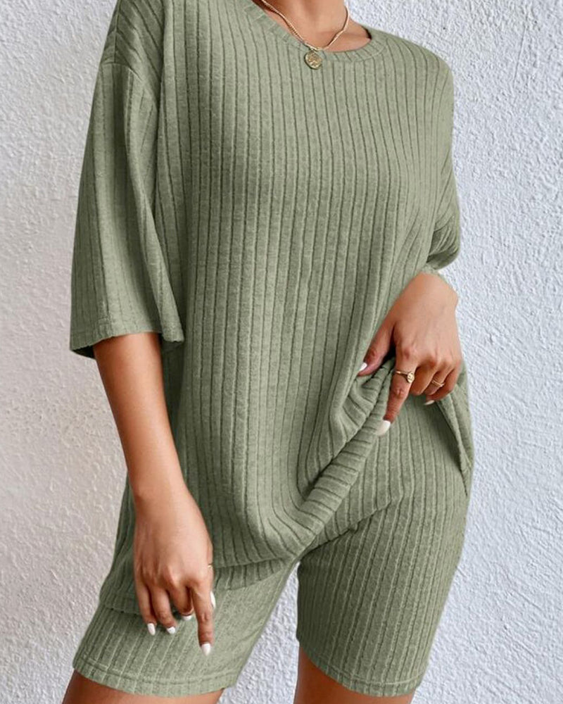 BEAUTIFUL I AM Round Neck Ribbed Top and Shorts Lounge Set