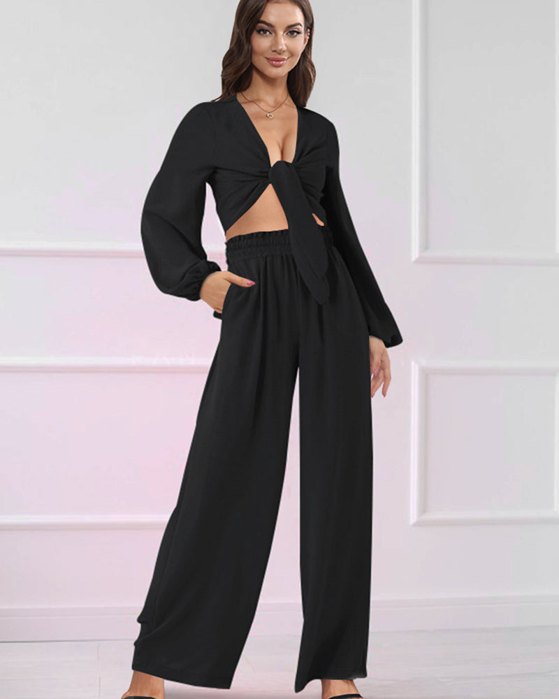 BEAUTIFUL I AM Cutout Long Sleeve Top and Wide Leg Pants Set