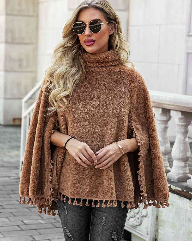 BEAUTIFUL I AM Full Size Turtleneck Tassel Hem Poncho