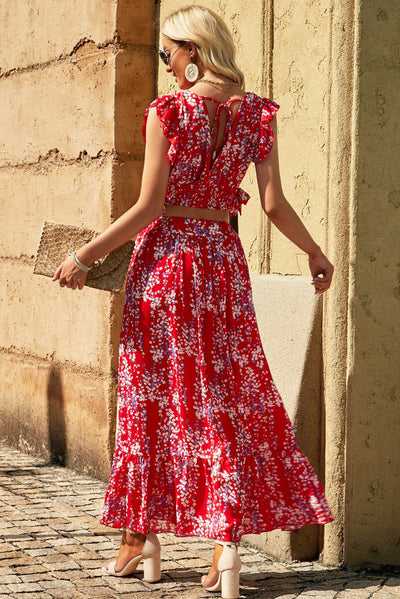 BEAUTIFUL I AM Printed Tie Back Cropped Top and Maxi Dress Set