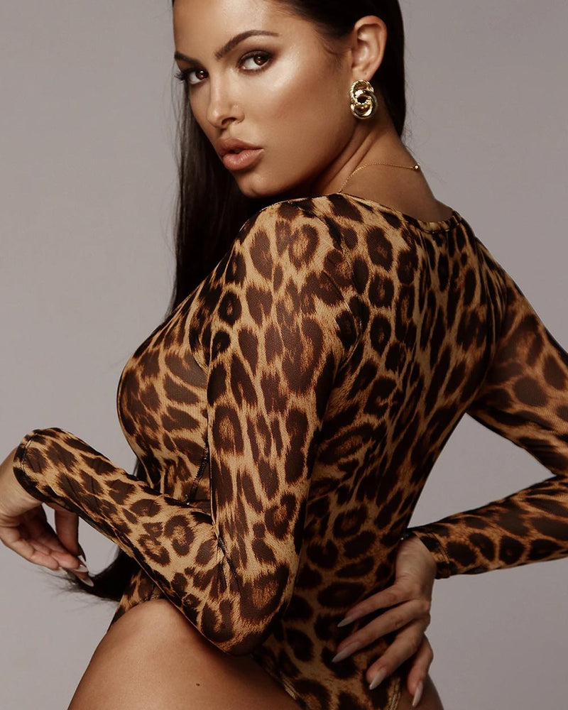 BEAUTIFUL I AM Scoop Neck Cheetah Mesh Bodysuit Lingerie