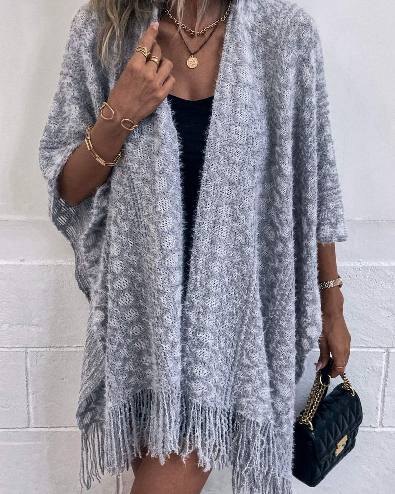 BEAUTIFUL I AM Open Front Fringe Hem Poncho