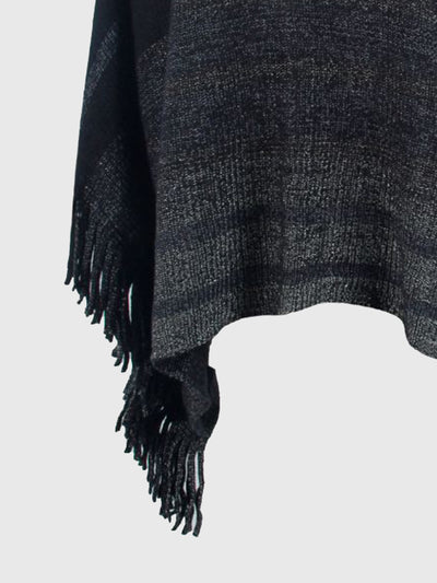 BEAUTIFUL I AM Striped Boat Neck Poncho with Fringes