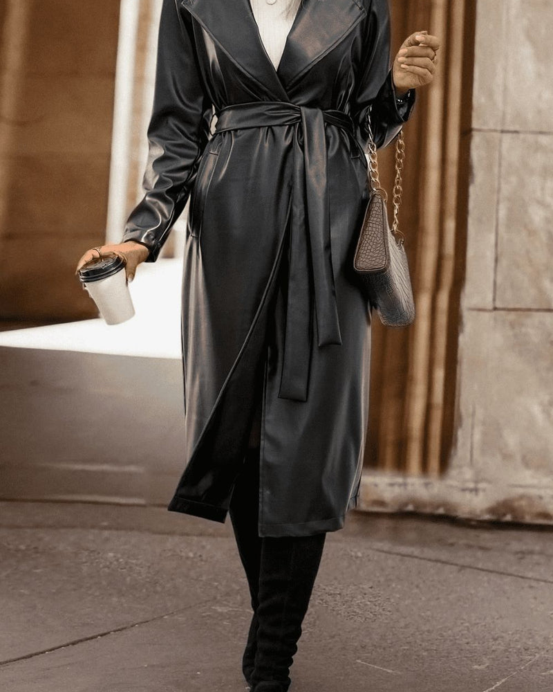 BEAUTIFUL I AM Lapel Collar Tie Waist Long Sleeve Packable Jacket Trench Coat
