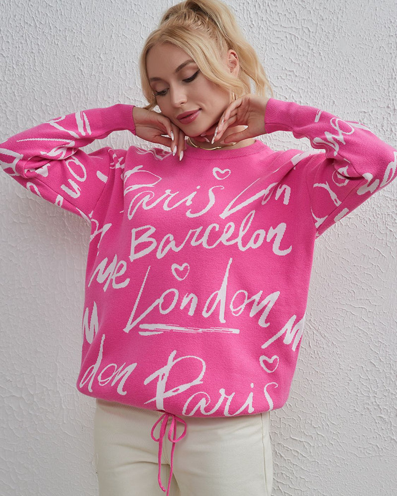 BEAUTIFUL I AM Letter Round Neck Drawstring Sweater