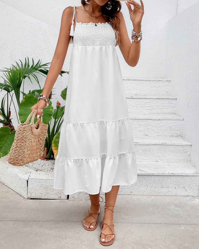 BEAUTIFUL I AM Tie-Shoulder Smocked Tiered Midi Dress