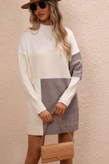 BEAUTIFUL I AM Color Block Mock Neck Dropped Shoulder Sweater Dress