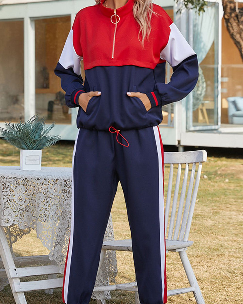 BEAUTIFUL I AM Color Block Zipper-Down Blouse and Long Pants Set