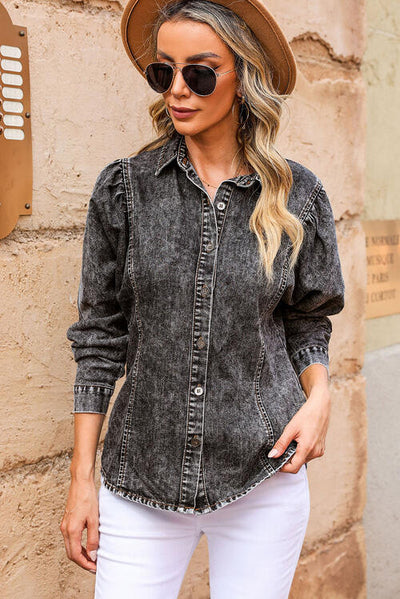 BEAUTIFUL I AM Button Up Collared Neck Denim Top Shirt