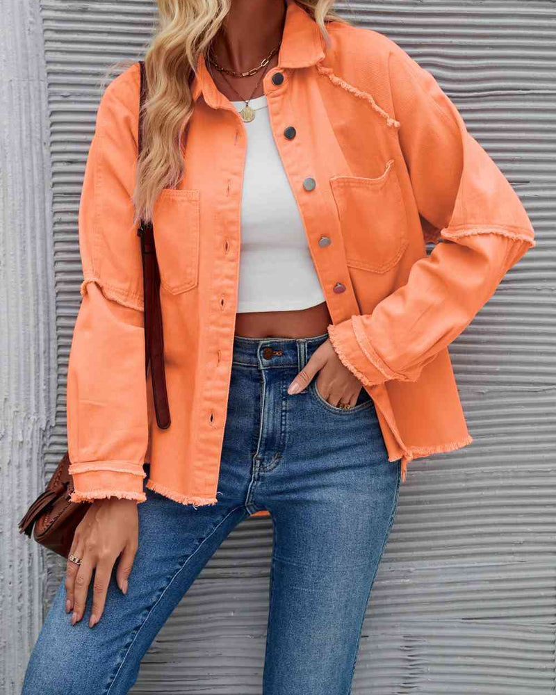 BEAUTIFUL I AM Raw Hem Collared Denim Jacket