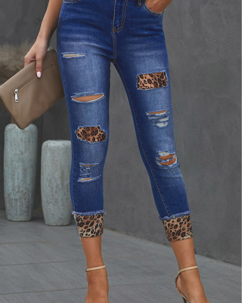 BEAUTIFUL I AM Leopard Patch Distressed Cropped Jeans