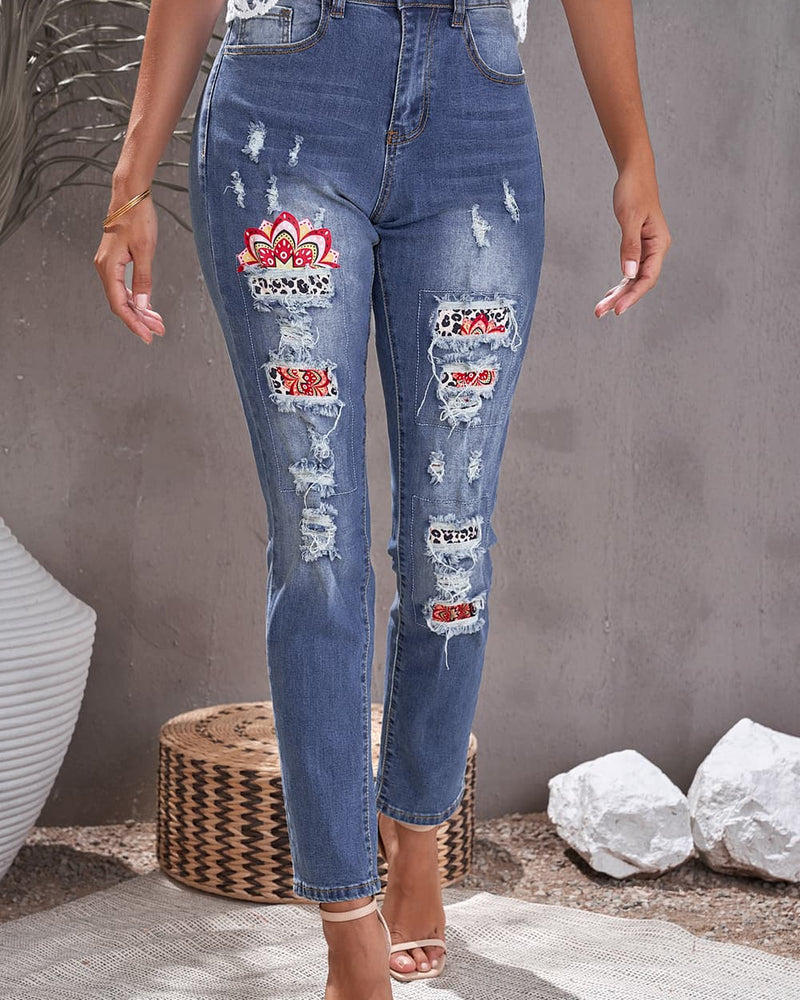 BEAUTIFUL I AM Leopard Patch Ankle-Length Jeans