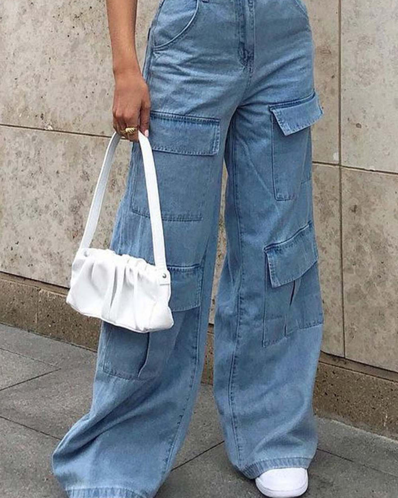 BEAUTIFUL I AM Wide Leg Knee Pocket Jeans