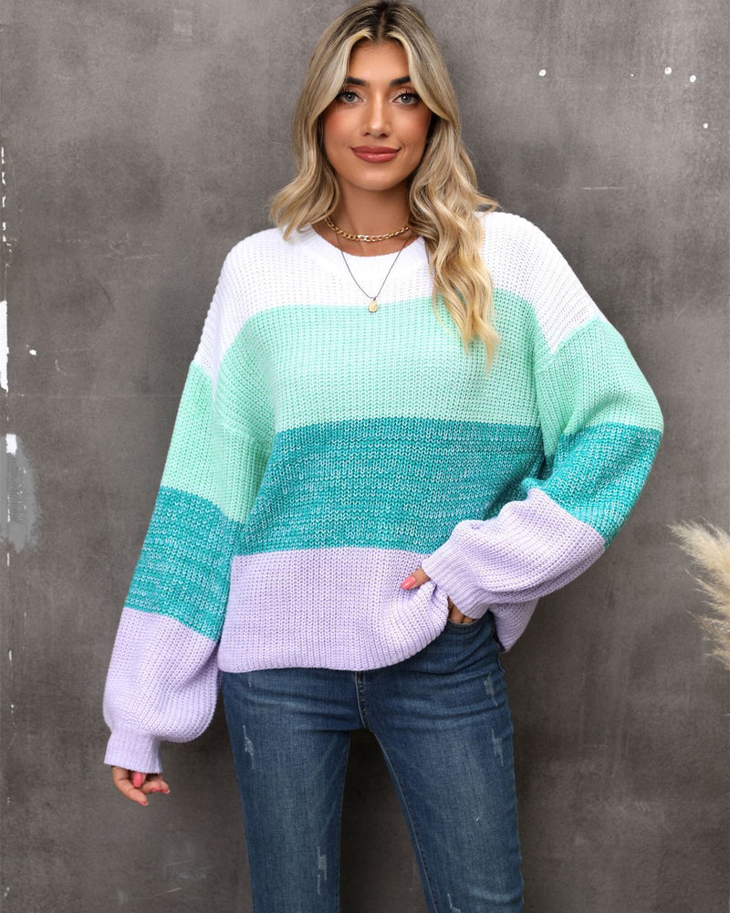 BEAUTIFUL I AM Color Block Round Neck Dropped Shoulder Sweater