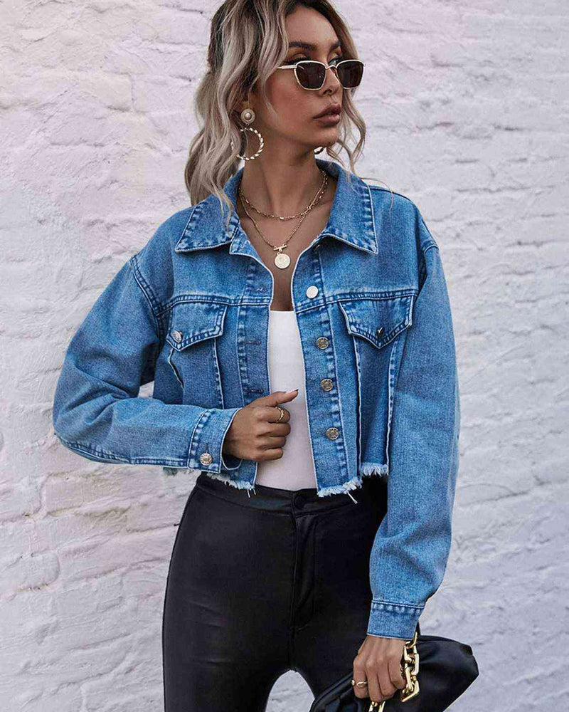 BEAUTIFUL I AM Raw Hem Collared Neck Denim Jacket