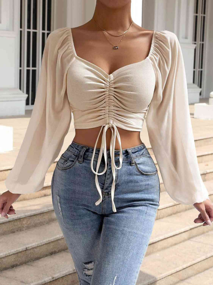 BEAUTIFUL I AM Drawstring Sweetheart Neck Cropped Top Shirt