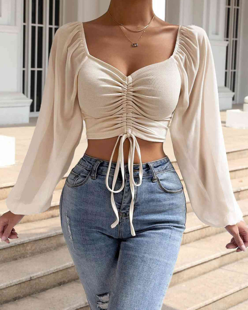 BEAUTIFUL I AM Drawstring Sweetheart Neck Cropped Top Shirt