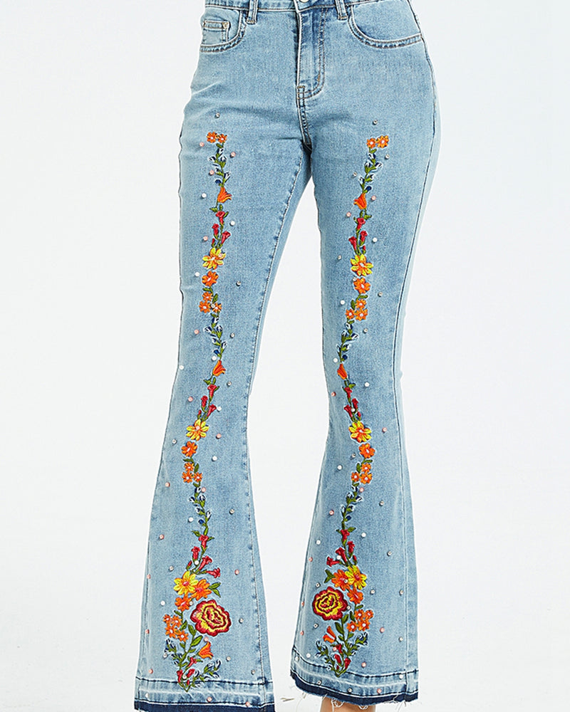 BEAUTIFUL I AM Full Size Flower Embroidery Wide Leg Jeans