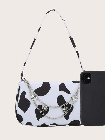 BEAUTIFUL I AM Cow Print Butterfly Charm Shoulder Bag